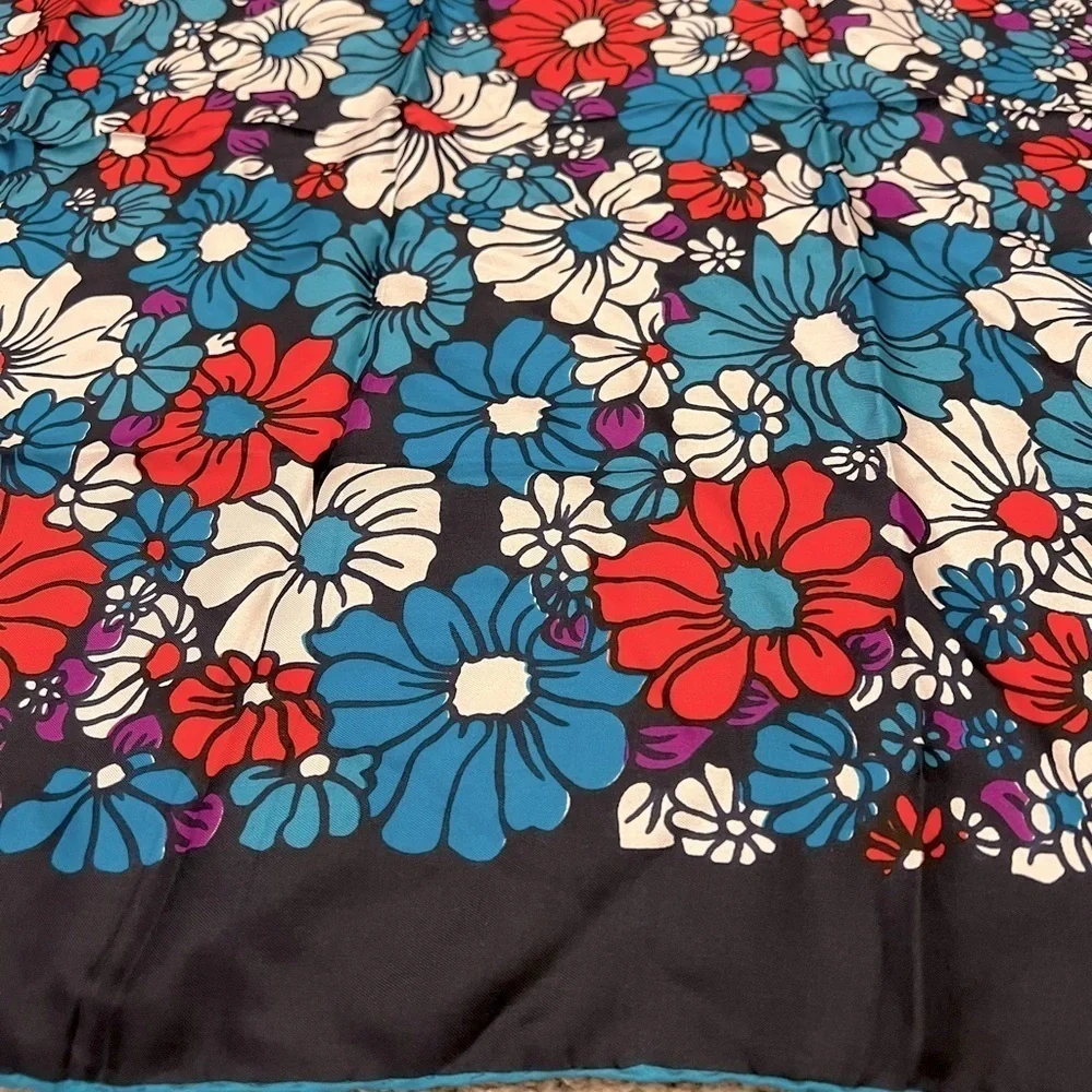 John Wanamaker Bright Vintage Silk Floral Scarf, Italy, navy blue aqua & red
